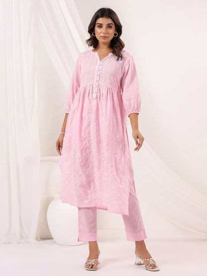 Janasya Light Cotton Embroidered A-Line Kurta Set - Distacart