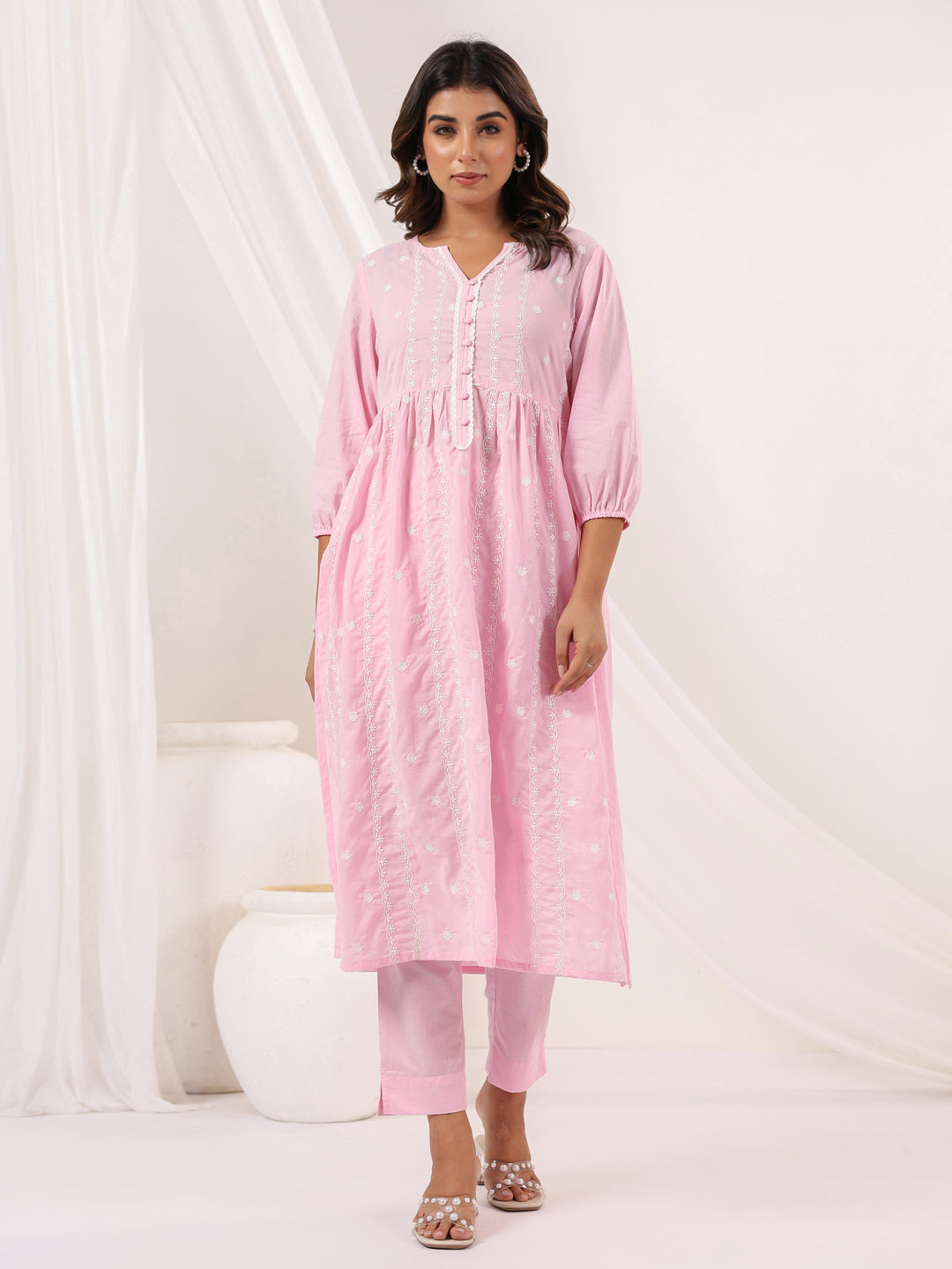 Janasya Light Cotton Embroidered A-Line Kurta Set
