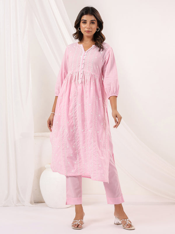 Janasya Light Cotton Embroidered A-Line Kurta Set