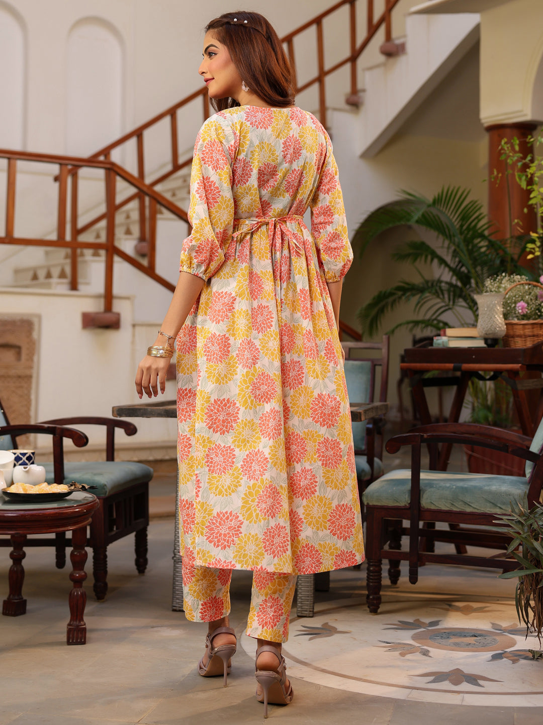 Janasya Light Cotton Floral A-Line Kurta Set