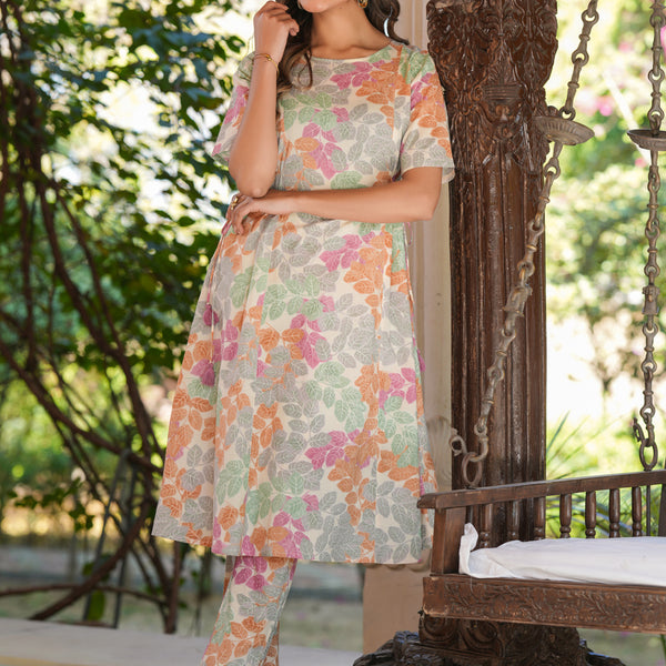 Janasya Light Cotton Floral A-Line Kurta Set - Distacart