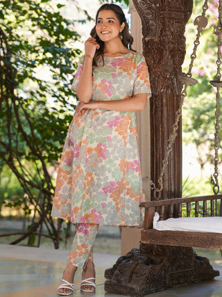 Janasya Light Cotton Floral A-Line Kurta Set