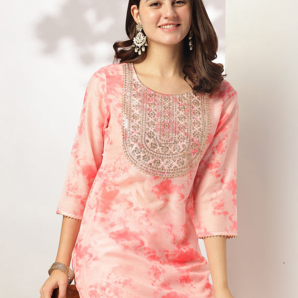 Janasya Light Silk Blend Tie & dye Straight Kurta Set