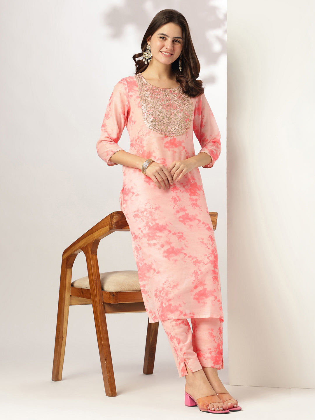 Janasya Light Silk Blend Tie & dye Straight Kurta Set
