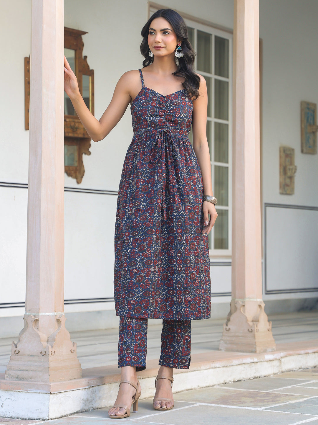 Janasya Dark Cotton Ethnic Motifs A-Line Kurta Set