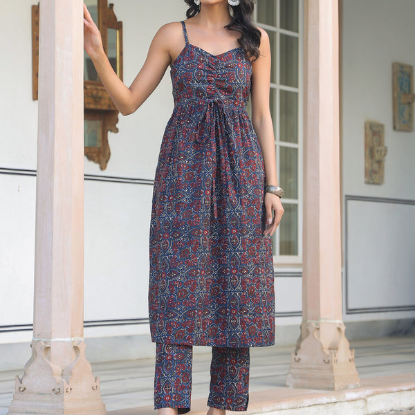 Janasya Dark Cotton Ethnic Motifs A-Line Kurta Set