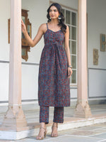 Thumbnail for Janasya Dark Cotton Ethnic Motifs A-Line Kurta Set