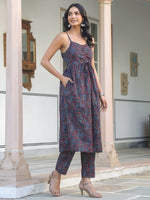 Thumbnail for Janasya Dark Cotton Ethnic Motifs A-Line Kurta Set