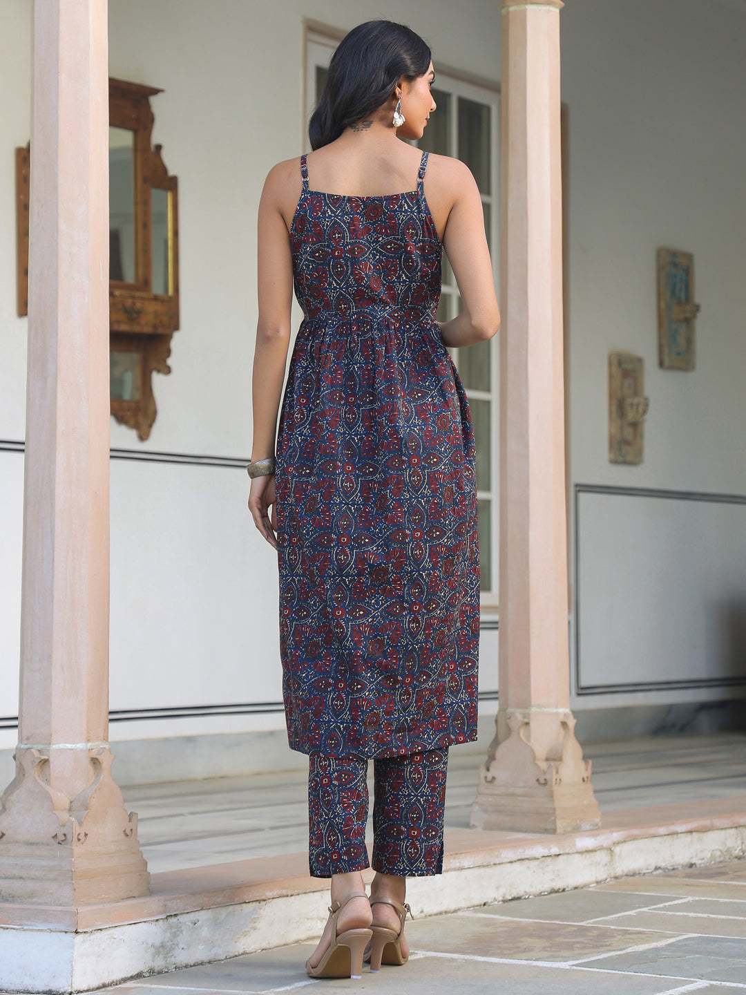 Janasya Dark Cotton Ethnic Motifs A-Line Kurta Set
