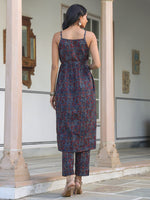 Thumbnail for Janasya Dark Cotton Ethnic Motifs A-Line Kurta Set