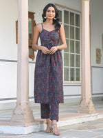 Thumbnail for Janasya Dark Cotton Ethnic Motifs A-Line Kurta Set