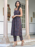 Thumbnail for Janasya Dark Cotton Ethnic Motifs A-Line Kurta Set
