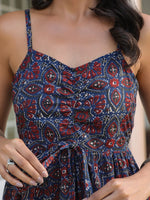 Thumbnail for Janasya Dark Cotton Ethnic Motifs A-Line Kurta Set