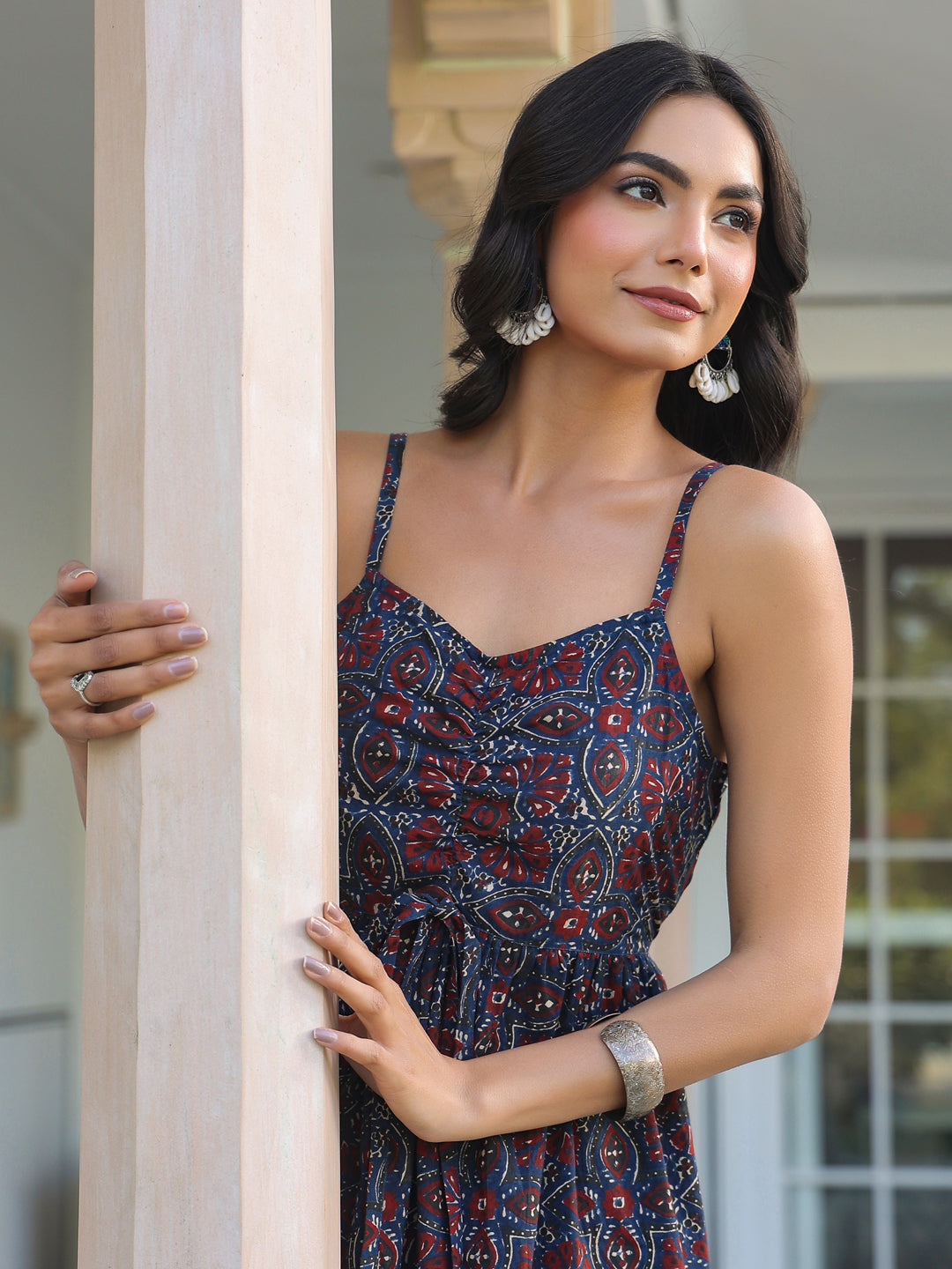 Janasya Dark Cotton Ethnic Motifs A-Line Kurta Set