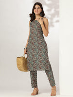 Thumbnail for Janasya Dark Cotton Ethnic Motifs Straight Kurta Set