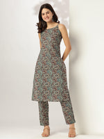 Thumbnail for Janasya Dark Cotton Ethnic Motifs Straight Kurta Set