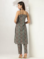 Thumbnail for Janasya Dark Cotton Ethnic Motifs Straight Kurta Set