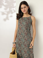 Thumbnail for Janasya Dark Cotton Ethnic Motifs Straight Kurta Set