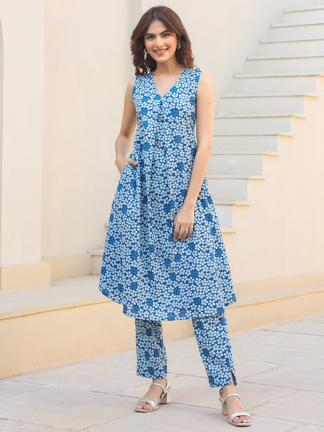 Janasya Dark Cotton Floral A-Line Kurta Set