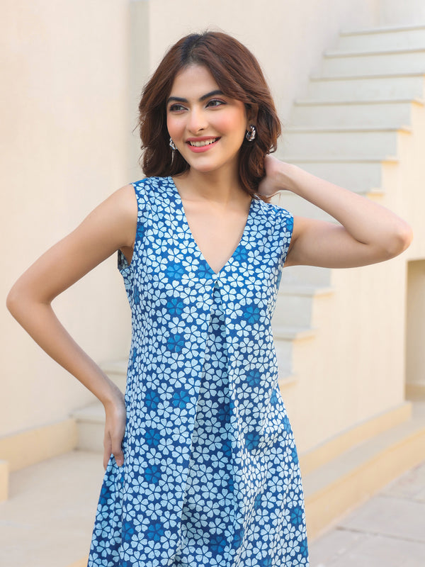 Janasya Dark Cotton Floral A-Line Kurta Set