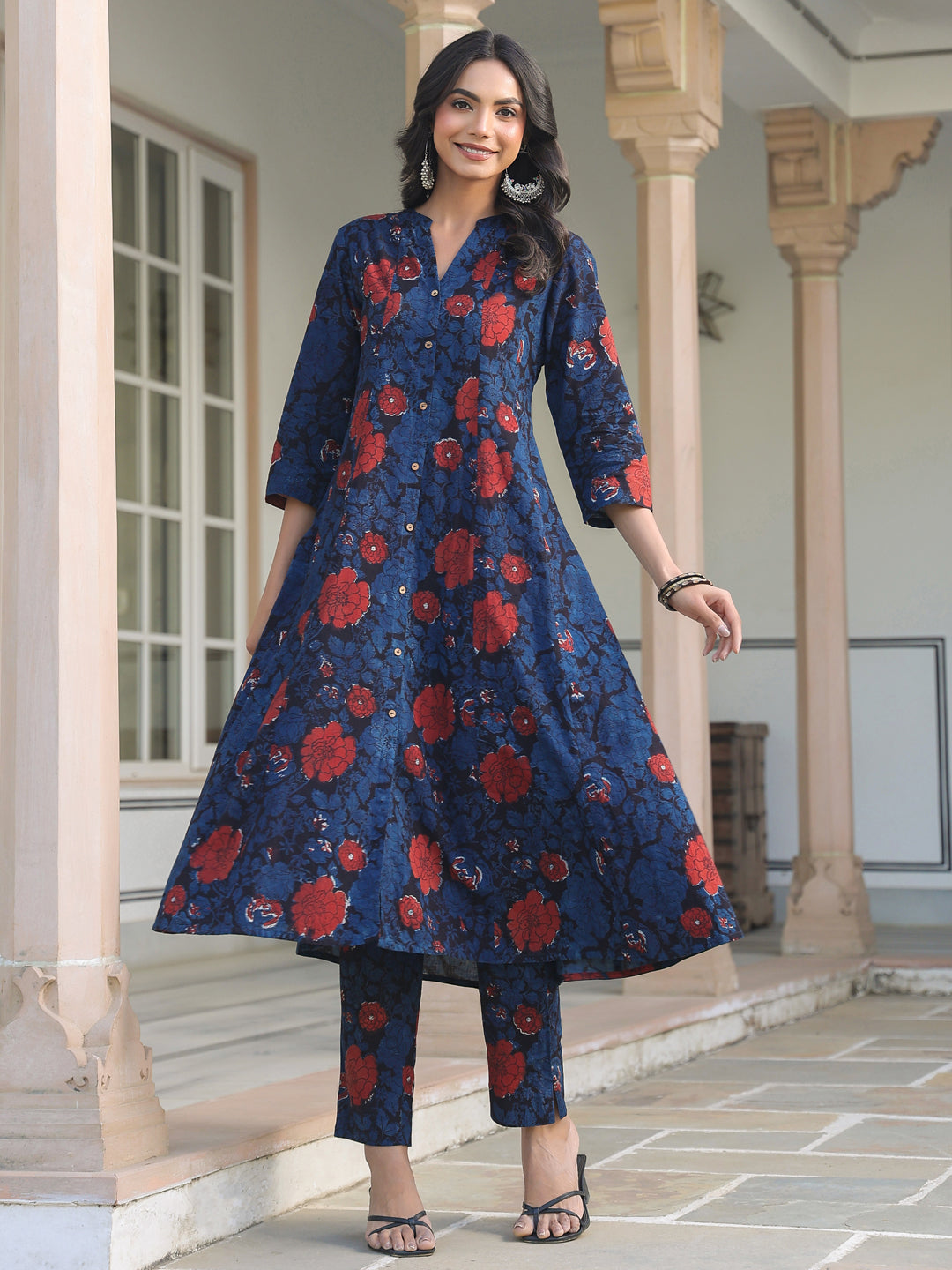 Janasya Dark Cotton Floral A-Line Kurta Set