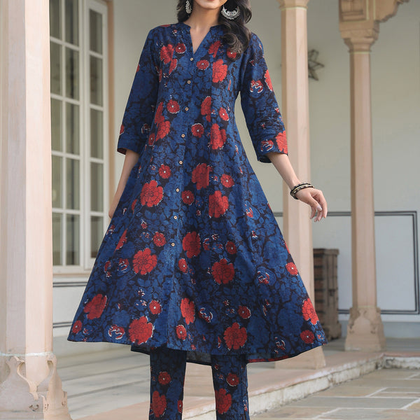Janasya Dark Cotton Floral A-Line Kurta Set