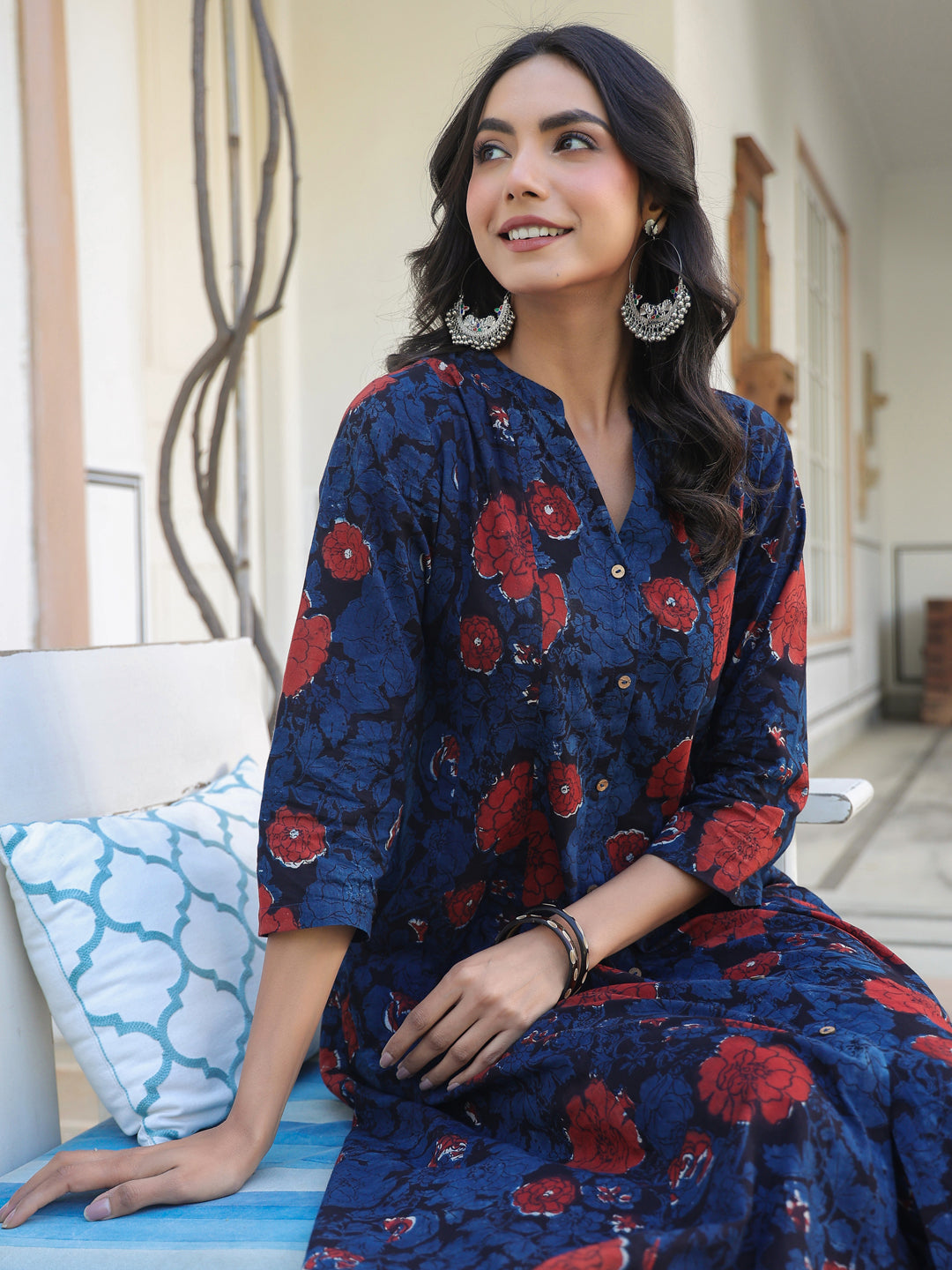 Janasya Dark Cotton Floral A-Line Kurta Set