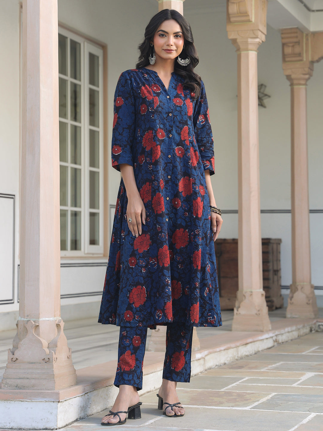 Janasya Dark Cotton Floral A-Line Kurta Set