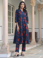 Thumbnail for Janasya Dark Cotton Floral A-Line Kurta Set