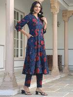 Thumbnail for Janasya Dark Cotton Floral A-Line Kurta Set