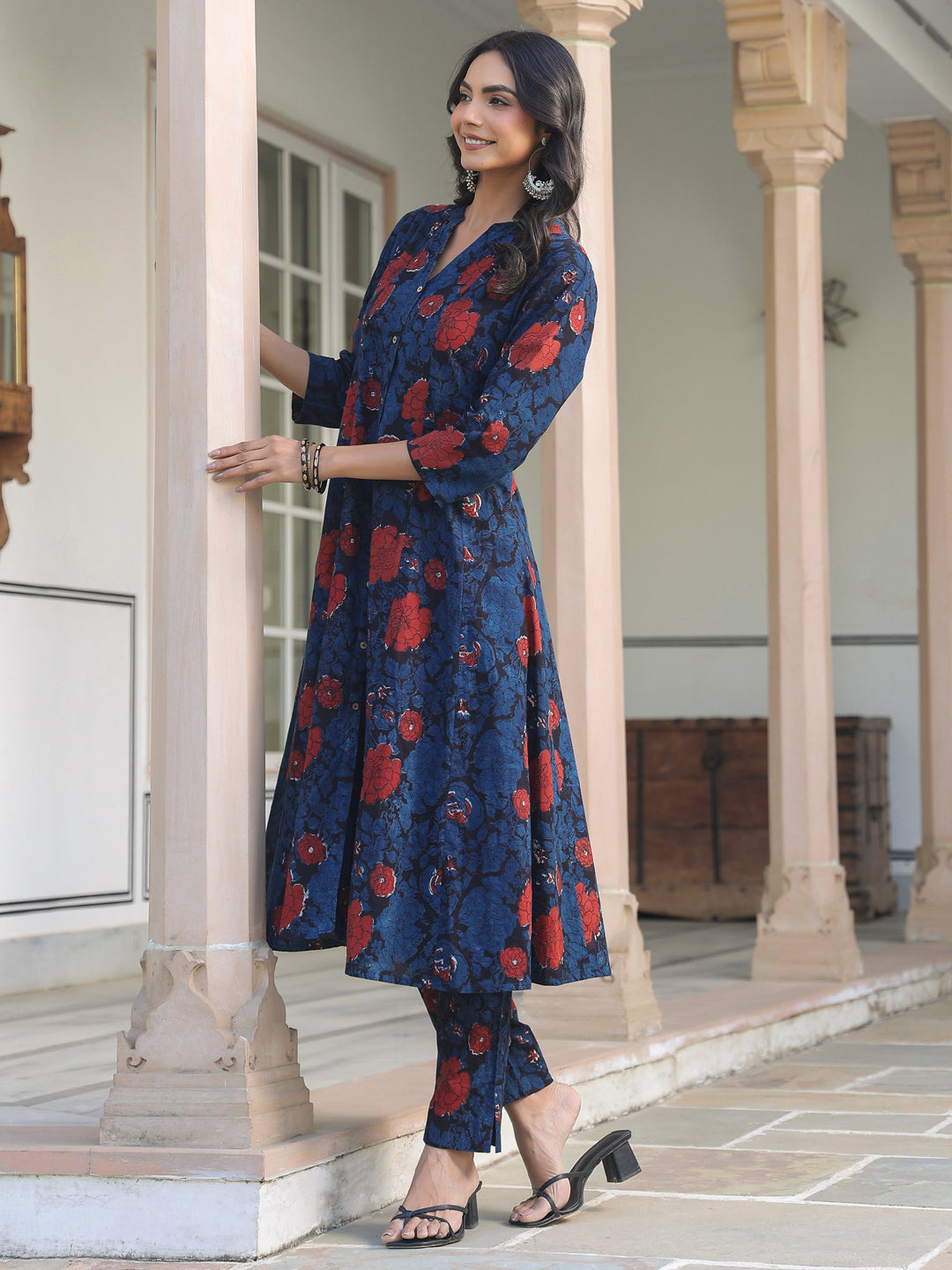 Janasya Dark Cotton Floral A-Line Kurta Set