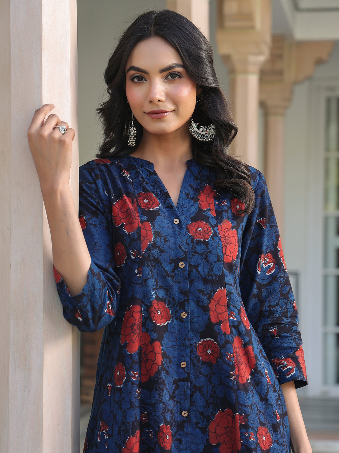 Janasya Dark Cotton Floral A-Line Kurta Set
