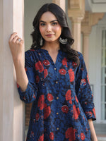Thumbnail for Janasya Dark Cotton Floral A-Line Kurta Set