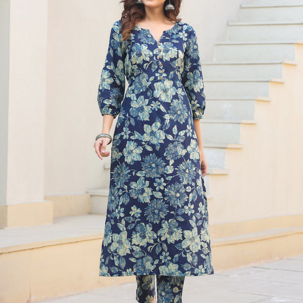Janasya Dark Cotton Floral Straight Kurta Set