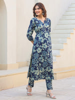 Thumbnail for Janasya Dark Cotton Floral Straight Kurta Set