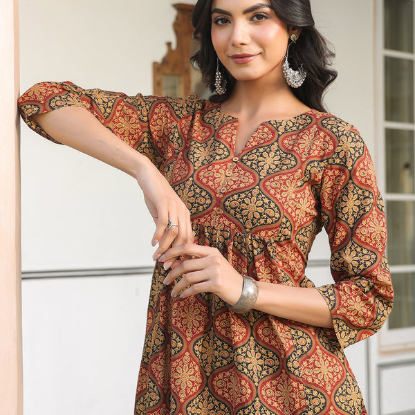 Janasya Dark Cotton Ethnic Motifs A-Line Kurta Set