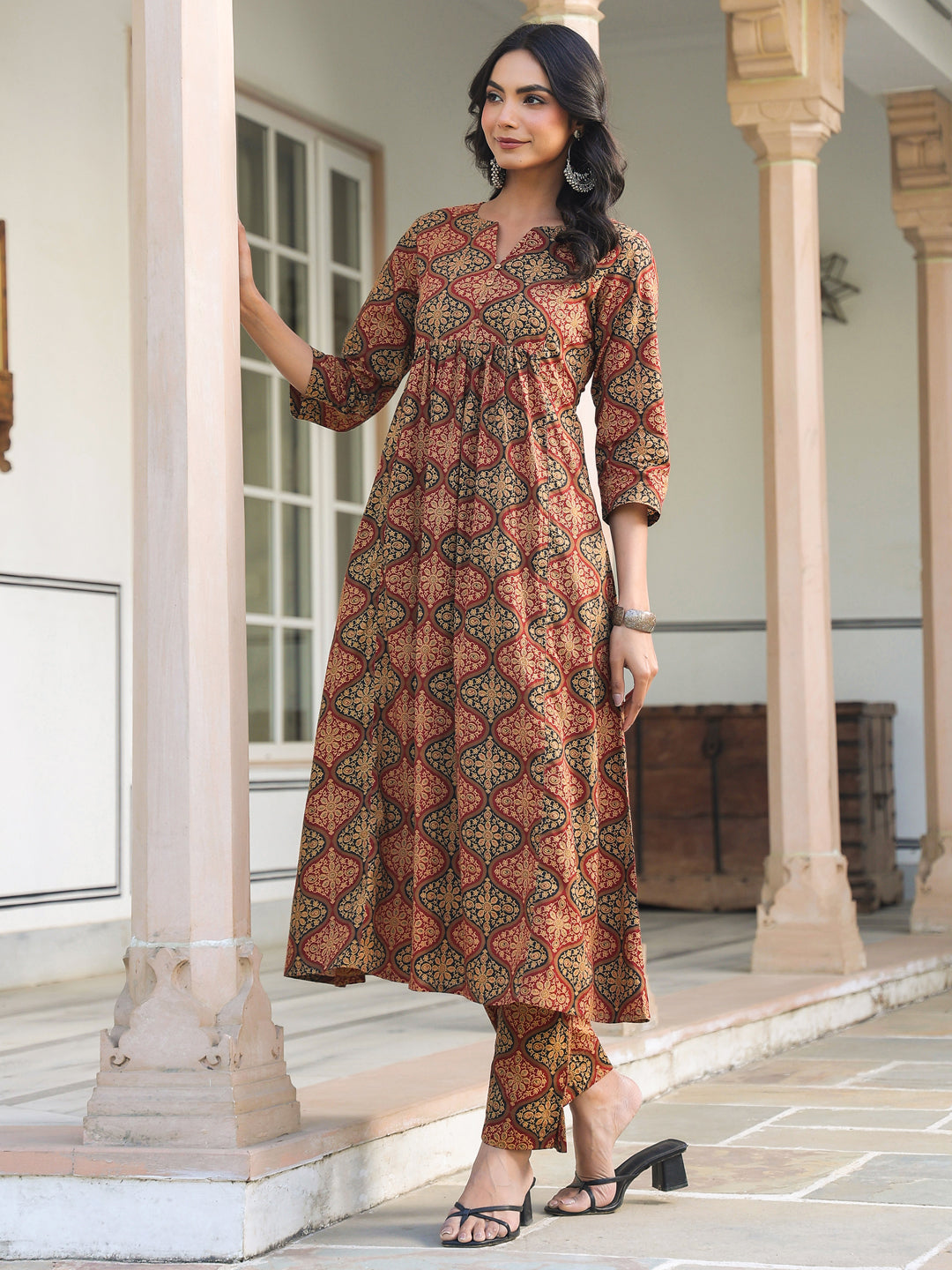 Janasya Dark Cotton Ethnic Motifs A-Line Kurta Set