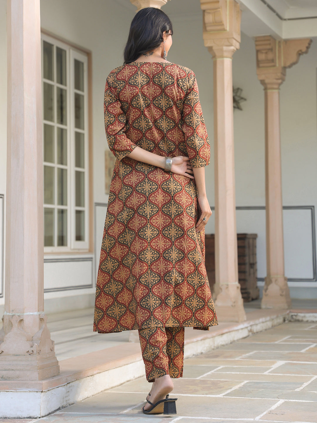 Janasya Dark Cotton Ethnic Motifs A-Line Kurta Set