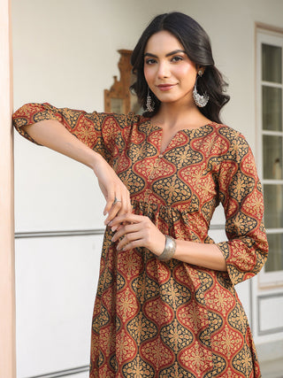 Janasya Dark Cotton Ethnic Motifs A-Line Kurta Set
