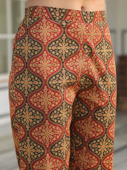 Janasya Dark Cotton Ethnic Motifs A-Line Kurta Set - Distacart