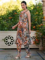 Thumbnail for Janasya Dark Cotton Floral Straight Kurta Set