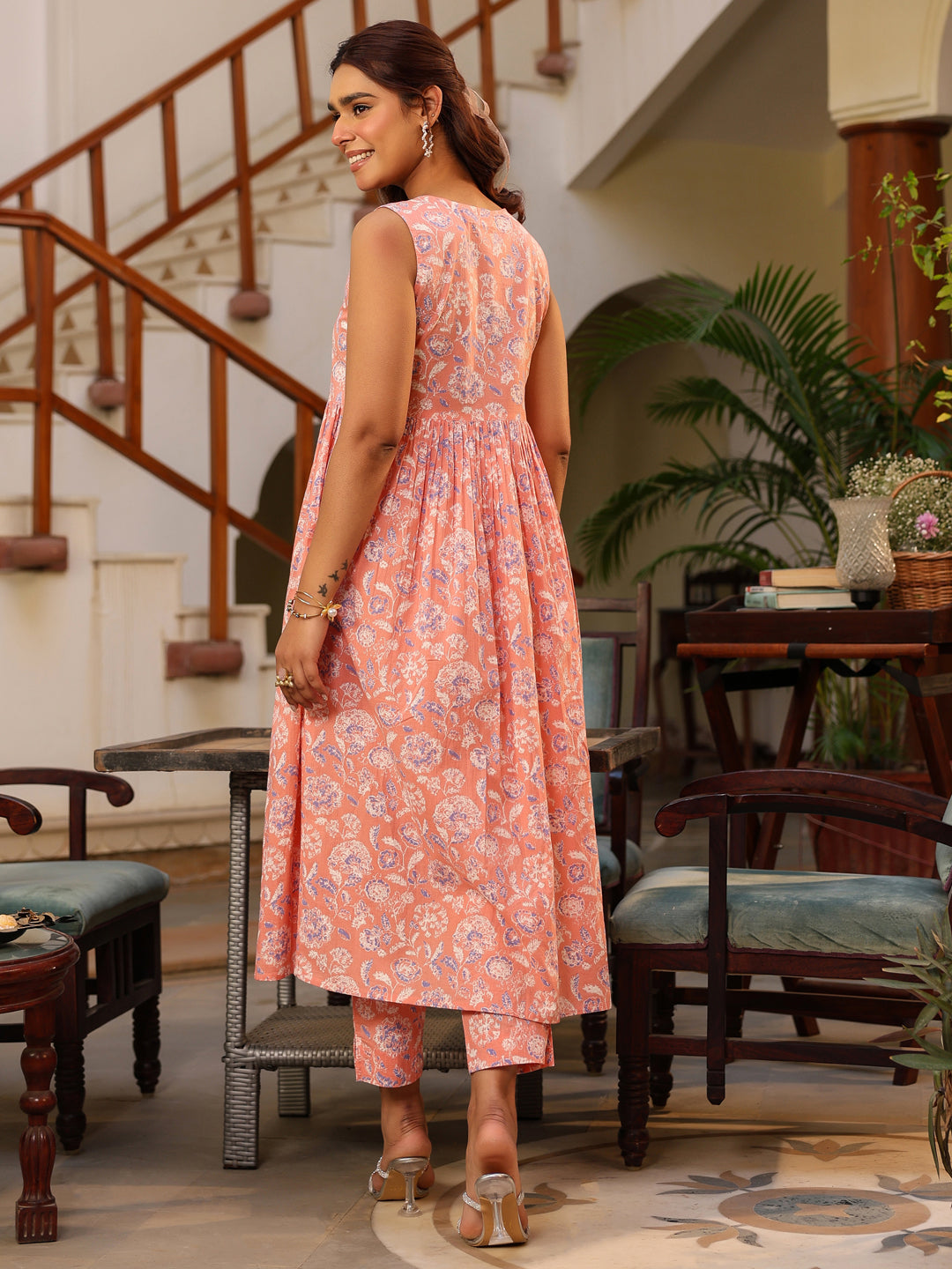 Janasya Light Cotton Floral A-Line Kurta Set