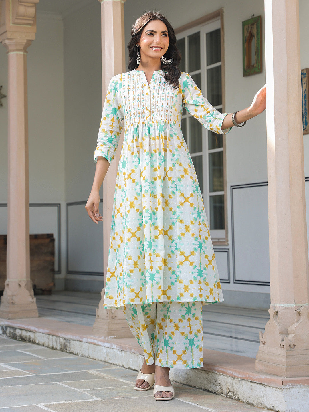 Janasya Light Cotton Abstract A-Line Kurta Set