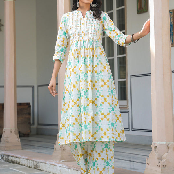 Janasya Light Cotton Abstract A-Line Kurta Set
