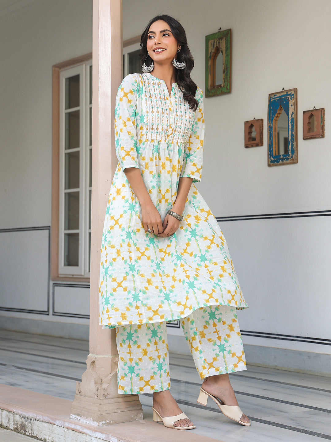 Janasya Light Cotton Abstract A-Line Kurta Set
