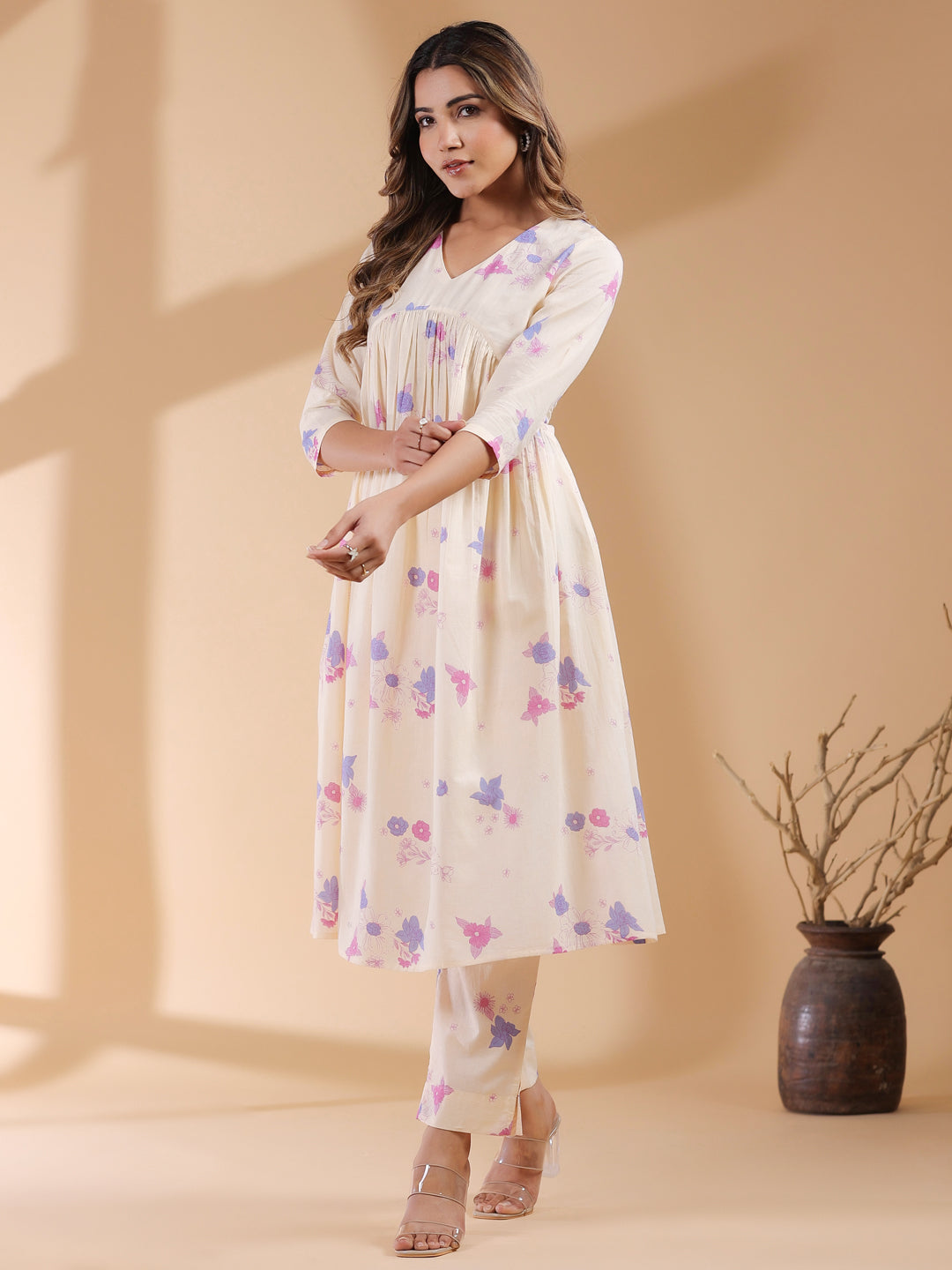 Janasya Light Cotton Floral A-Line Kurta Set