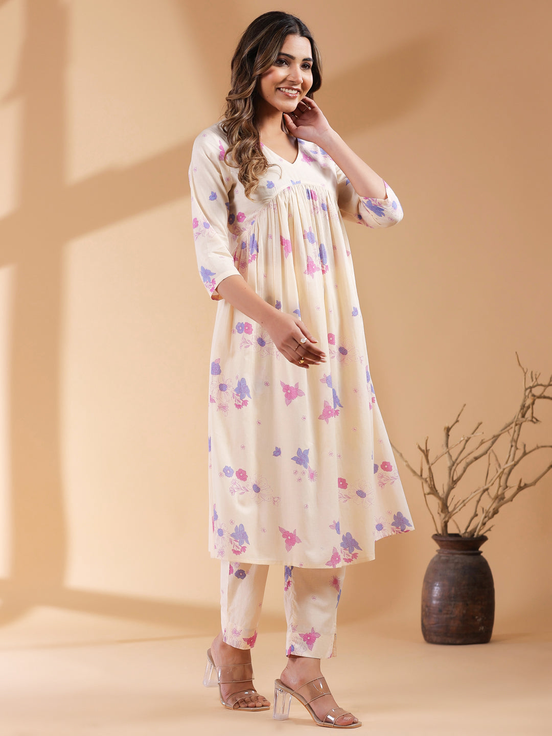 Janasya Light Cotton Floral A-Line Kurta Set - Distacart