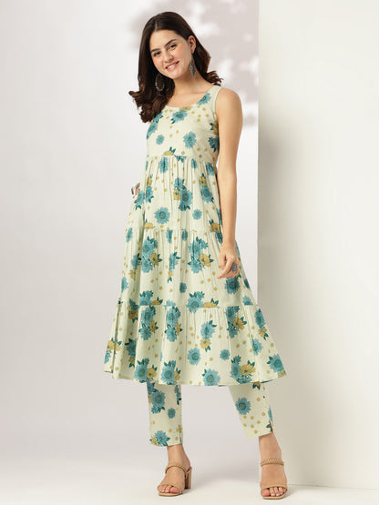 Janasya Light Cotton Floral Tiered Kurta Set - Distacart