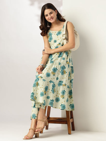 Janasya Light Cotton Floral Tiered Kurta Set - Distacart