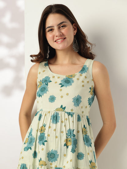 Janasya Light Cotton Floral Tiered Kurta Set - Distacart